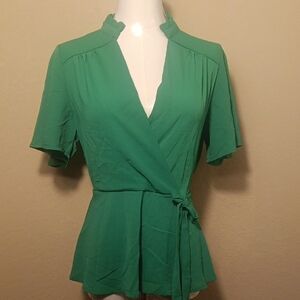 Monteau Vibrant Green Wrap Blouse With Flutter Sleeves